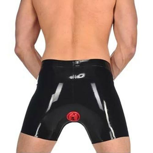 Men Black Latex Shorts Half Pants Front Crotch Zipper with Red Anus Anal Condom Middle Trousers Tight High Elastic (X-Large)