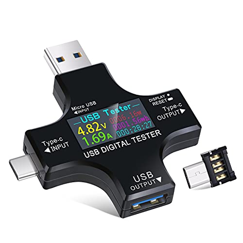 Eversame 2 in 1 Type C USB Tester Color Screen LCD Digital Multimeter, USB C Voltage Current Voltmeter Amp Volt Ammeter Detector USB Cable Charger Indicator DC3.6-30V/0-5.1A