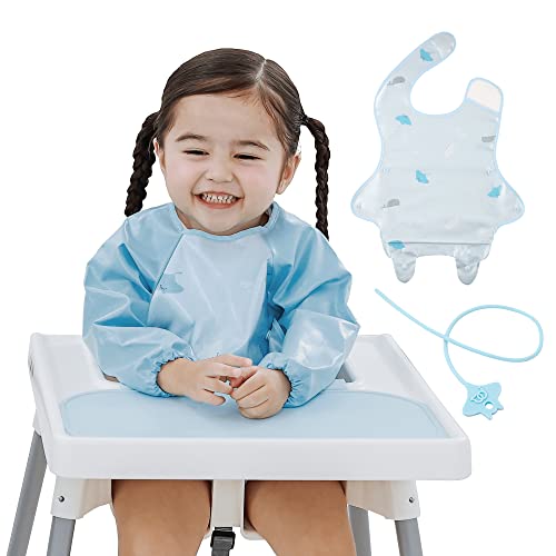 Papas Idea - Manta Coverall Baby Feeding Bib for First Eating, Long Sleeve Weaning BLW Bib & Silicon Mat for Toddlers, Catch All Attaches to Highchair Booster Seat Table Smock, Blue Sky