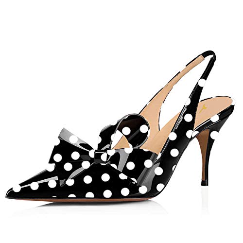 YDN Women Pointed Toe Bow Slingback Slip on Pumps Stiletto Mid Heels Evening Prom Sandals Dress Shoes Size 9 Black Polka Dot
