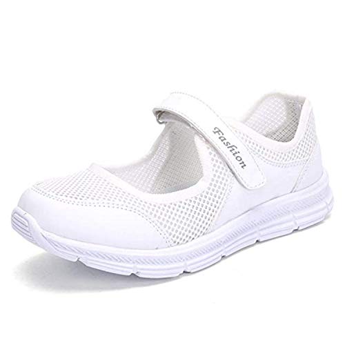SAGUARO Women's Breathable Walking Shoes Lady Fashion Mary Jane Sneakers Adjustable Working Nurse Shoes Lightweight Flat Shoes White 8.5 Women