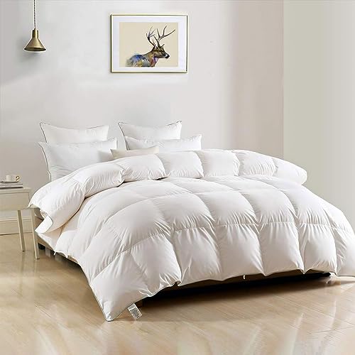 DWR Luxury King Goose Feathers Down Comforter, Ultra-Soft Egyptian Cotton Fabric, 750 Fill Power Medium Weight for All Season Hotel Style Fluffy Duvet Insert with Ties (106x90 Inches, White)