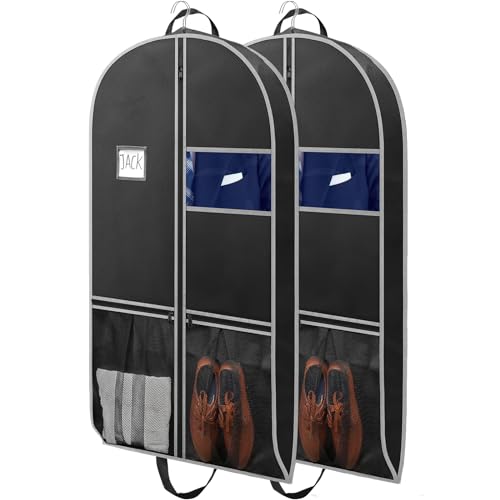 BH7STAR 43' Heavy Duty Travel Garment Bags Carry on, Thick Suit Bags for Men Travel and Closet Storage, Tear Resistance Suit Cover for Hanging Clothes w/Pockets, Black Suit Carrier, 2 Pack