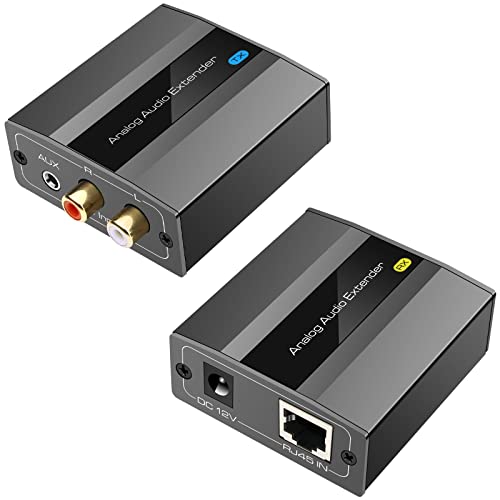 Analog Audio Extender RCA 3.5mm Stereo Over Ethernet Single Cat5e/6/7 Cable up to 1475 Ft (450m) Converter Adapter Support PCM Stereo POC(Power on Cat)