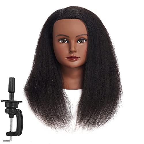 Traininghead 100% Real Hair Mannequin Head Training Head Cosmetology Doll Head Manikin Practice Head Hairdresser With Free Clamp Holder Female (Black Hair B)