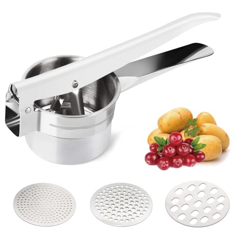 Potato Ricer Stainless Steel Potato Masher, Food Ricer, Fruit and Vegetables Press with 3 Removable and Interchangeable Discs, Manual Masher Ricer Kitchen Tool