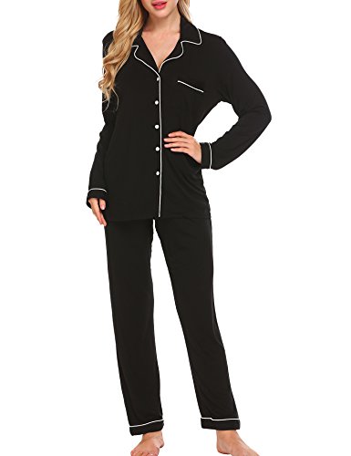 Ekouaer Two Piece Pajamas Comfy Sleepwear Women's Long Sleeve Pjs Top & Bottom Loungewear Set Button Up,Black,X-Large