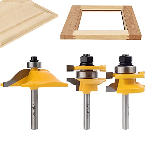 Exqutoo 3PCS 1/4' Shank Router Bit Set, Raised Panel Cabinet Door Making Router Bits, Cemented Carbide Router Bits, Woodworking Tools Router Door & Window Bits (Tenon Joint Cutter Diameter: 1-5/8')