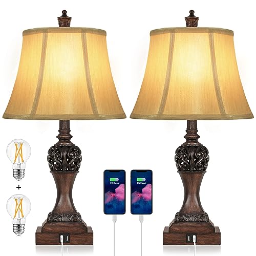 Set of 2 Touch Control 3-Way Dimmable Table Lamps with 2 USB Charging Ports Traditional Bedside Lamps with Bell Shape Faux Silk Shade & Brown Base for Bedroom Nightstand Living Room LED Bulbs Included