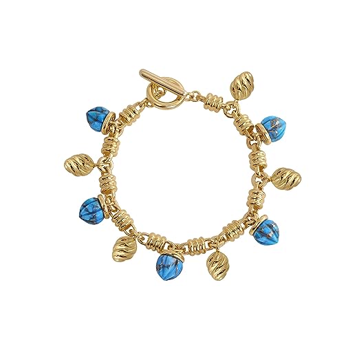 LuvMyJewelry Sunshine Twist Design Turquoise Gemstone Charm Bracelet for Women - Available in 14K Yellow Gold Vermeil on 925 Sterling Silver Bracelets for Wedding, Gathering and Function (Size M)