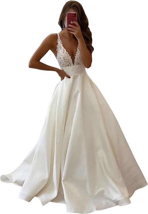 Ternlm Women's Deep V Neck Wedding Dress 2023 Spaghetti Straps Backless Lace Applique Satin Wedding Gown for Women White Size US0