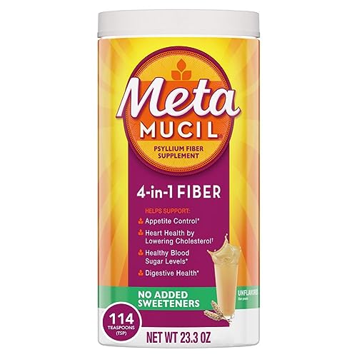 Metamucil, Daily Psyllium Husk Powder Supplement, Sugar-Free Powder, 4-in-1 Fiber for Digestive Health, No Added Sweetener, 114 teaspoons