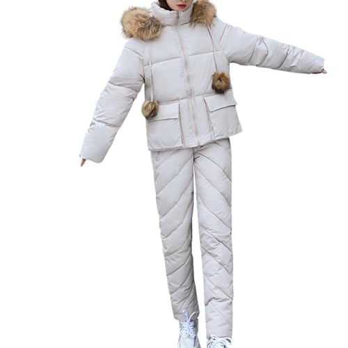 Womens Ski Suit Winter Windproof Insulated Ski SuitThicken Hooded Faux Fur Collar Snowsuit Solid Zipper Pocket Belt Waterproof Coats Snowboard Snowmobile Outdoor Sports Coat 2 PC