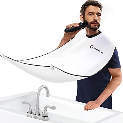 DOEPSILON Beard Bib Apron, Beard Hair Clippings Catcher for Shaving Trimming, Non-Stick Beard Shave Cape, with 4 Suction Cups, Grooming Gifts for Men, White