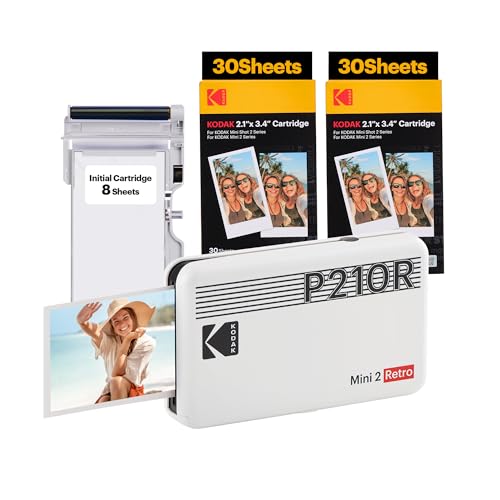 KODAK Mini 2 Retro 4PASS Portable Photo Printer (2.1x3.4 inches) Initial 8 Sheets + 60 Sheets Bundle, White