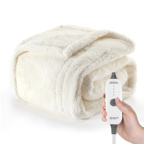 Sunbeam Royal Sherpa Natural Heated Personal Throw / Blanket, Warming Foot Pocket, Cozy-Warm, Adjustable Heat Settings