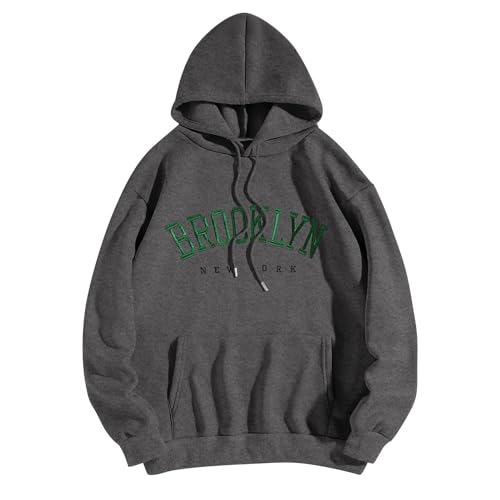 BLUBUKLKUN Brookyln Sweatshirt Hoodies for Women Long Sleeve New York Letter Printed Oversized Y2K Hoodie Fleece (Dark Gray, S)
