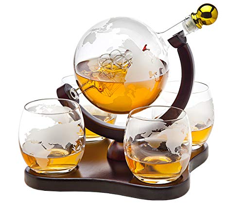 Whiskey Decanter Globe Set with 4 Etched Globe Whisky Glasses for Liquor, Scotch, Bourbon, Vodka, Gifts for Men - 850ml Clear