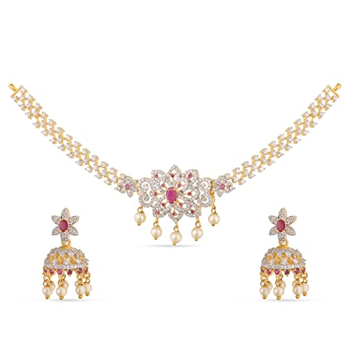TARINIKA Yellow Gold Beli Nakshatra CZ Short Necklace Set with Floral Design - Indian Jewelry Sets for Women | Perfect for Casual Occasions | Traditional Indian Jewelry set | 1 Year Warranty*