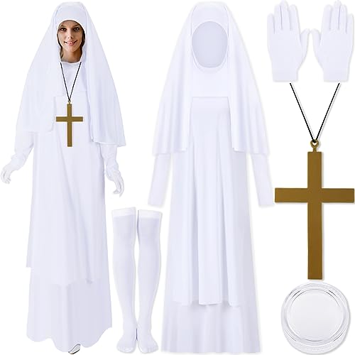 Mepase 6 Pcs White Nun Costume for Adults Set Women's Nun Outfit with Catholic Sister White Robe Nun Collar Hat Pendant Necklace Gloves White Face Paint Socks for Halloween Party Cosplay