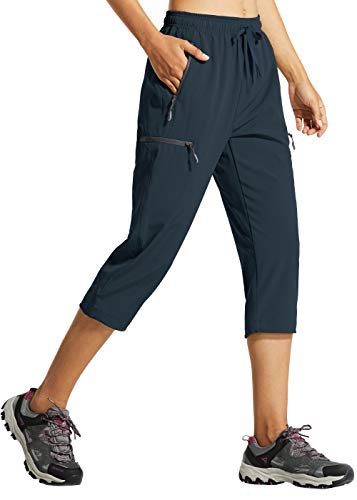 Libin Women's Quick Dry Hiking Capri Pants Lightweight Cargo Cropped Pants Water Resistant Outdoor Casual, Navy L