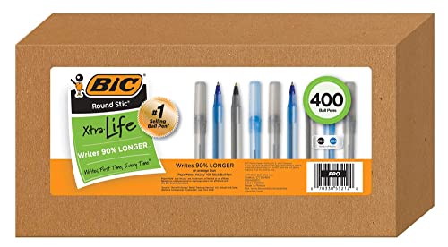BIC Pens Large Bulk Pack of 400 Ink Pens, Round Stic Xtra Life Ballpoint Pens Medium Point 1.0 Mm, 200 Black Pens & 200 Blue Pens In Box Combo Pack