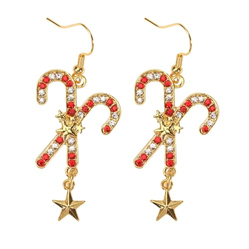 Christmas Earrings for Women,Funky Deer Horn Snowflake Crutch Snowman Christmas Tree Santa Claus Butterfly Earrings, Five Point Star Red Green Zircon Earrings, Hollow Round Jewelry Earrings (star D)