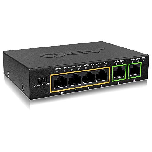 BV-Tech 6 Port PoE+ Switch (4 PoE+ Ports with 2 Ethernet Uplink and Extend Function) – 60W – 802.3at + 1 High Power PoE Port| Desktop Fanless Design | Plug & Play | Sturdy Metal Housing
