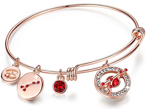 Leafael Superstar Cancer Zodiac Expandable Bangle Bracelet Made with Premium Crystals Horoscope Constellation June July Birthstone Light Siam Red Jewelry, Rose Gold Plated, 7'
