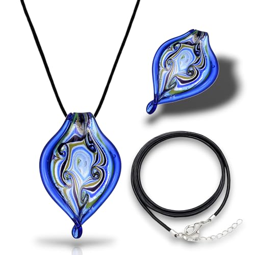 BESHEEK Handmade Murano Inspired Cobalt Blue Swirls Twisted Leaf Glass Necklace Pendant Handcrafted Blown Hypoallergenic Artisan Lampwork Italian Style Jewelry
