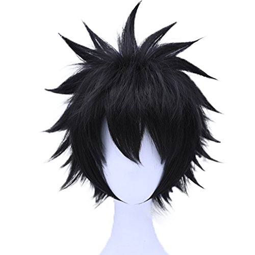 Anogol Hair Cap+ Short Black Wig for Anime Black Cosplay Mens Black Wig, Short Layered Black Cosplay Wig For Halloween Costume Cosplay Wig, Synthetic Hair Full Wigs For Halloween Costume Cosplay Wig