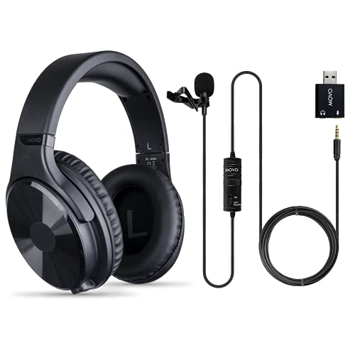 Movo Over-Ear Studio Headphones with USB Lavalier Microphone for Computer and Laptop - Wired for 3.5mm, 6.35mm