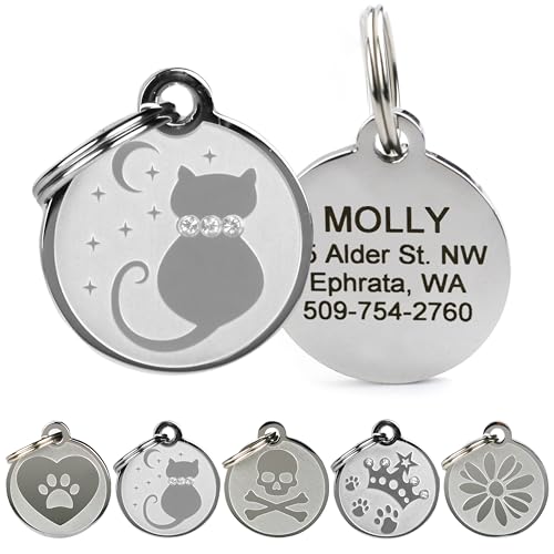 GoTags Designer Pet ID Tags in Stainless Steel for Dogs and Cats, Custom Engraved with 4 Lines of Personalized ID, Cute, Unique Pet Tags in Several Fun Designs