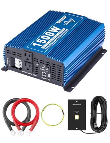 Kinverch 1500W Pure Sine Wave Power Inverter 12V DC to 110V AC Converter with 2 AC Outlets, USB Port and Bluetooth, 1500 watt Car Inverter for Camping, Truck, RV, Power Outages, Off-Grid Solar System