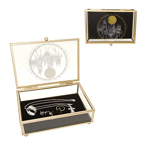 Harry Potter Wizarding World Merchandise Hogwarts Silhouette Gold Trim Glass Jewelry Box Jewelry Organizer, Officially Licensed