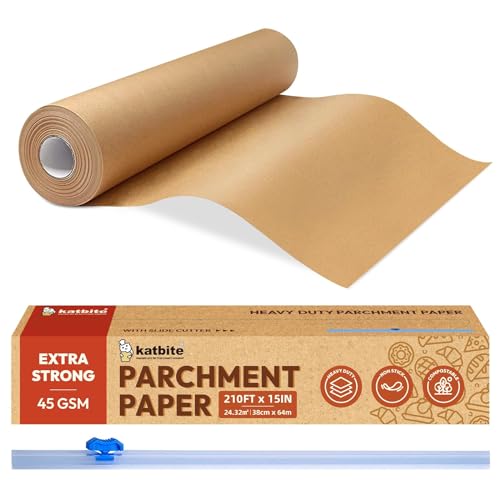 Katbite Unbleached Parchment Paper for Baking, 15 in x 210 ft, 260 Sq.Ft, Heavy Duty Baking Paper with Slide Cutter, Non-stick Brown Parchment Paper Roll for Cooking, Air Fryer, Steaming, Baking Bread