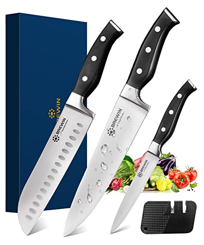 Brewin Professional Kitchen Knives, 3PC Chef Knife Set Sharp Knives for Kitchen High Carbon Stainless Steel, Japanese Cooking Knife with Gift Box