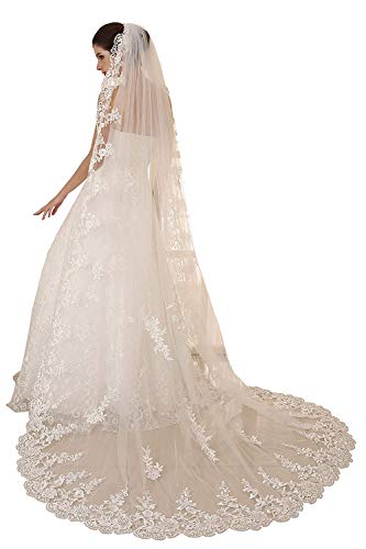 EllieHouse Women's Wedding Veils 1 Tier White Ivory 3M/4M/5M Lace Long Train Bridal Veil With Comb Ivory 4M