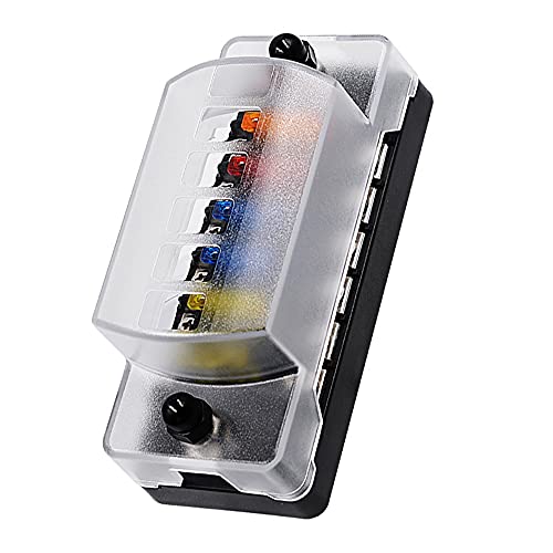 6 Way Fuse Block Blade Fuse Box with Negative Bus, 6 Circuit Fuse Holder Fuse Block w/Negative Bus, Waterproof Protection Cover Sticker Labels for 12V/24V Automotive Car Truck Boat Marine RV
