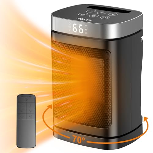 Small Portable Space Heater for Indoor Use - with 70°Rotating Feature, JIBUFI 1500W PTC Electric Heater, Rapid and Safe Heating, Remote Control, 1-12 Hr Timer for Bedroom, Office, ent.