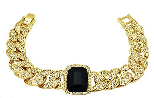Big Dawgs Bling Mens Hip Hop Iced CZ 14K Gold Plated 16mm Cuban Link Bracelet 8.5' (Black Onyx)