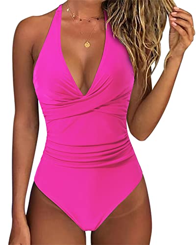 SUUKSESS Women Sexy Tummy Control One Piece Swimsuits Halter Push Up Monokini Bathing Suits (Hot Pink, S)