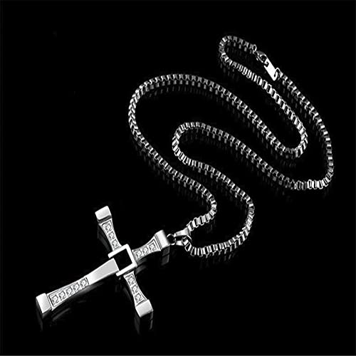 LUNDENXUS Fast and Furious Movie Jewelry Classic Rhinestone Charm Pendant Silver Cross Alloy Necklace Men (A)