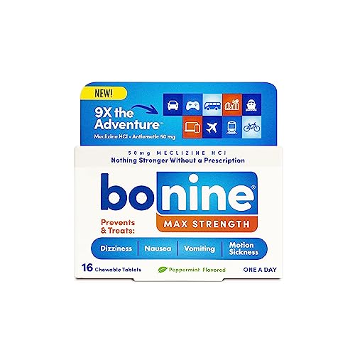 Bonine MAX Chewable for Motion Sickness Relief - with Meclizine HCL 50mg - Max Strength Formula to Treat Nausea or Motion Sickness - Cruise Essentials - Peppermint, 16 Chewable Tablets