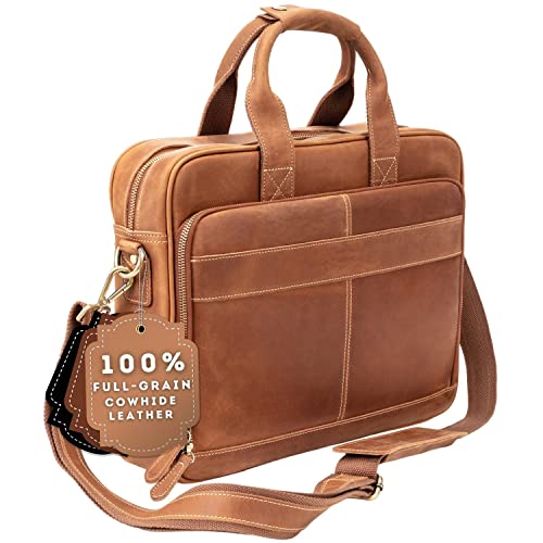 Luxorro Full Grain Leather Briefcase for Men, Top Choice Gifts for Men, Handcrafted Leather Laptop Bag with Multiple Compartments and Brass Hardware, Fits 15.6 Inch Laptop
