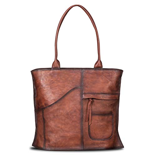 IVTG Genuine Leather Shoulder Bag for Women Vintage Handmade Real Cowhide Top Handle Large Capacity Tote Bag Satchel Purse (Coffee)
