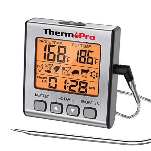 ThermoPro TP-16S Digital Meat Thermometer Smoker Candy Food BBQ Cooking Thermometer for Grilling Oven Deep Fry with Smart Kitchen Timer Mode and Backlight