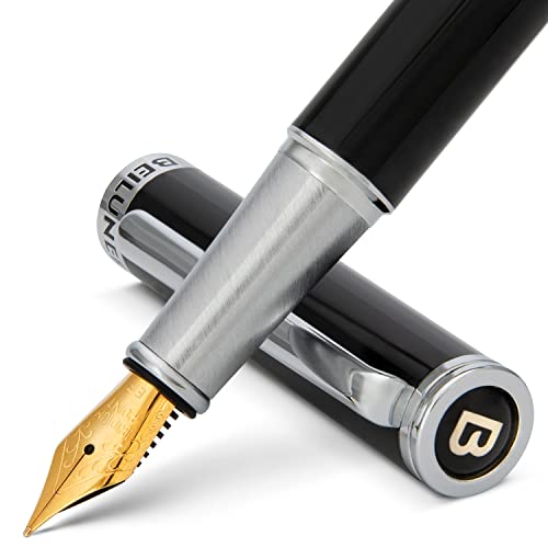 BEILUNER Luxury Fountain Pen Set,Solid 24K Gilded Extra Fine Nib-Stainless Steel Body - Includes 6 Ink Cartridges & Ink Refill Converter with Gift Case - Perfect for Men and Women[Intense Black]