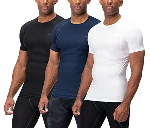 DEVOPS 3 Pack Men's Cool Dry Short Sleeve Compression Shirts, Sports Baselayer T-Shirts Tops, Athletic Workout Shirt (Small, Black-Navy-White)