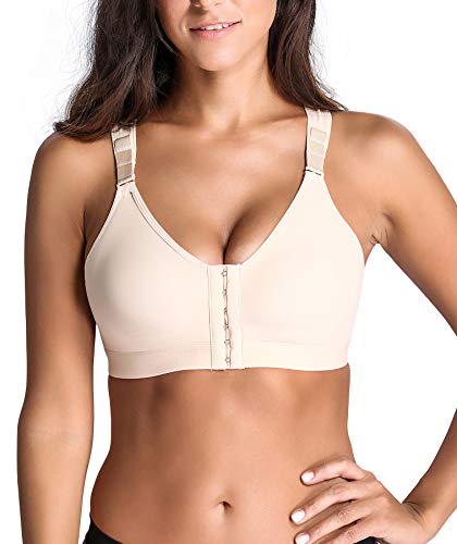 SHAPERX Women's Post-Surgical Front Closure Sports Bra Adjustable Wide Strap Racerback Support Bra, SZ83288-Beige-M
